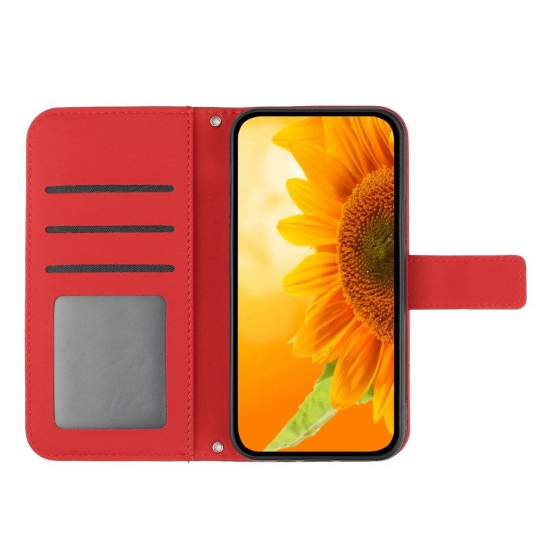 Leren Hoesje voor Oppo Reno 8 Met Ketting Strakke Zonnebloem