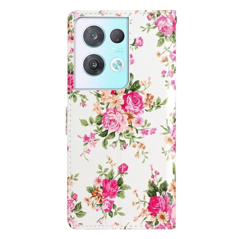 Leren Hoesje voor Oppo Reno 8 Pro Met Ketting Riem Liberty Bloemen