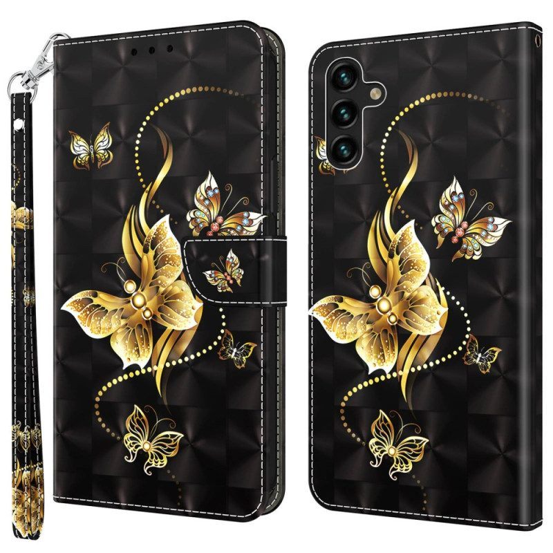 Leren Hoesje voor Samsung Galaxy A14 / A14 5G Met Ketting Gouden Vlinders Met Riem