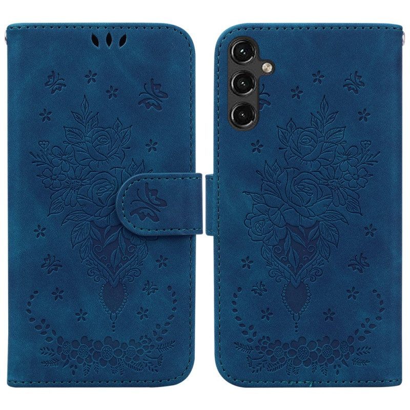 Leren Hoesje voor Samsung Galaxy A14 / A14 5G Met Ketting Strappy Rozen En Vlinders