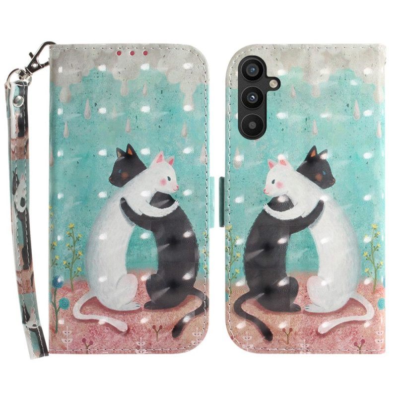 Leren Hoesje voor Samsung Galaxy A54 5G Met Ketting Kat Zwarte Kat Witte Kat Met Riem