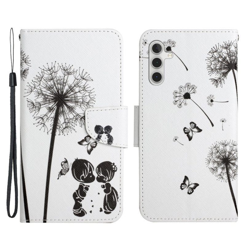 Leren Hoesje voor Samsung Galaxy A54 5G Met Ketting Lanyard Paardebloemen