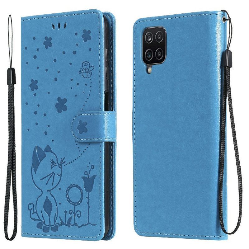 Leren Hoesje voor Samsung Galaxy M12 / A12 Met Ketting Kat En Bij Met Lanyard