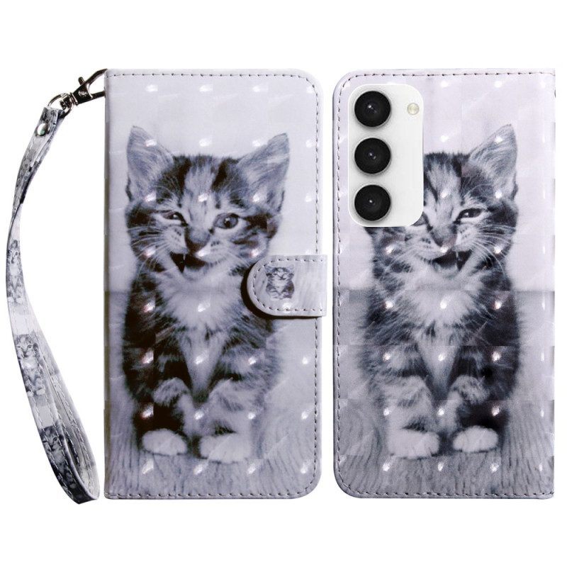 Leren Hoesje voor Samsung Galaxy S23 5G Met Ketting Grijze Kitten Met Riem