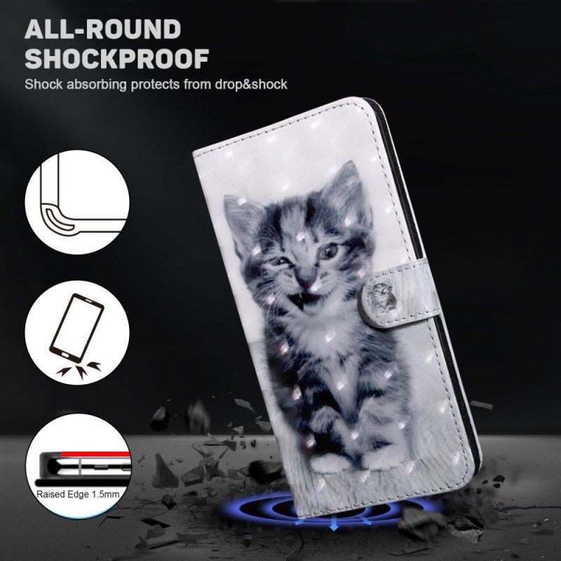 Leren Hoesje voor Samsung Galaxy S23 5G Met Ketting Grijze Kitten Met Riem