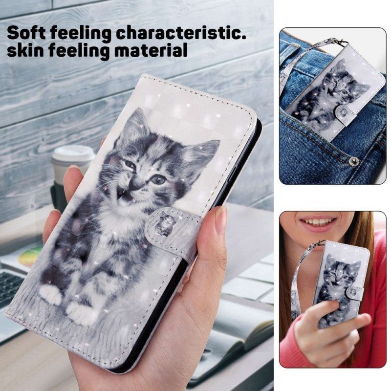 Leren Hoesje voor Samsung Galaxy S23 5G Met Ketting Grijze Kitten Met Riem