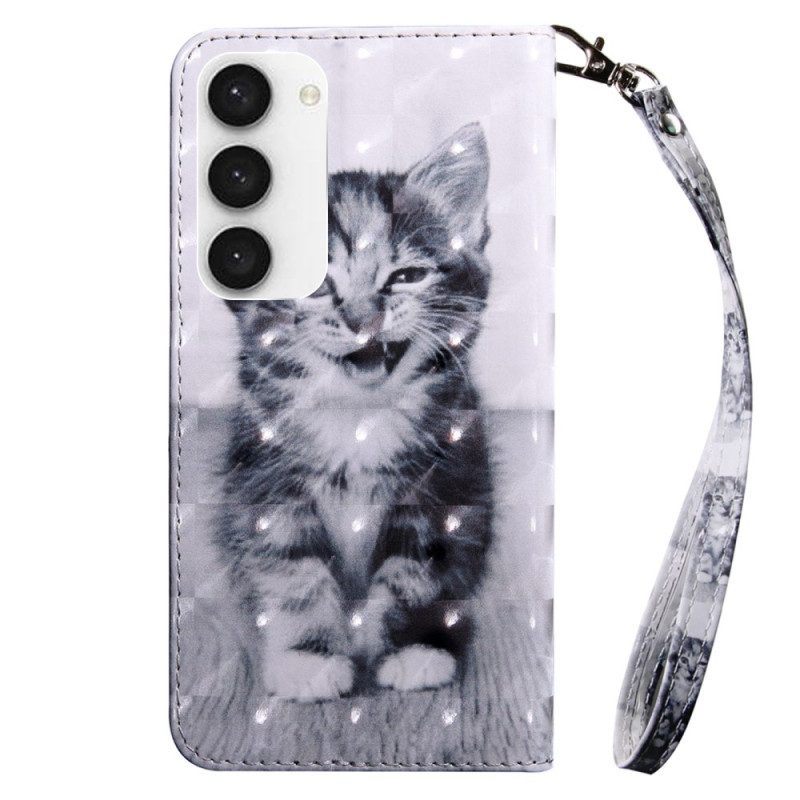 Leren Hoesje voor Samsung Galaxy S23 5G Met Ketting Grijze Kitten Met Riem