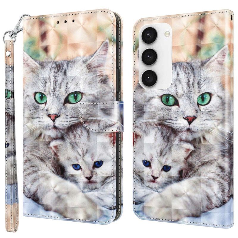 Leren Hoesje voor Samsung Galaxy S23 5G Met Ketting String Katten