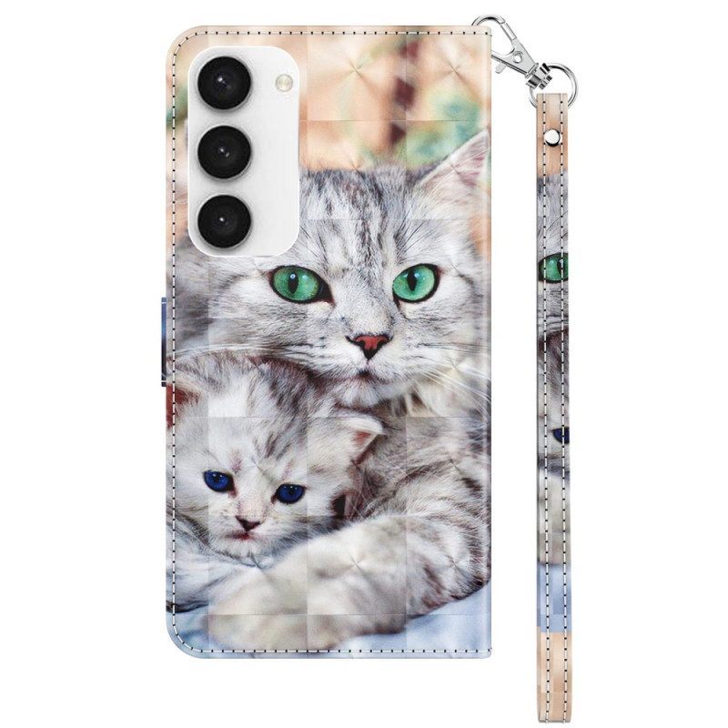 Leren Hoesje voor Samsung Galaxy S23 5G Met Ketting String Katten