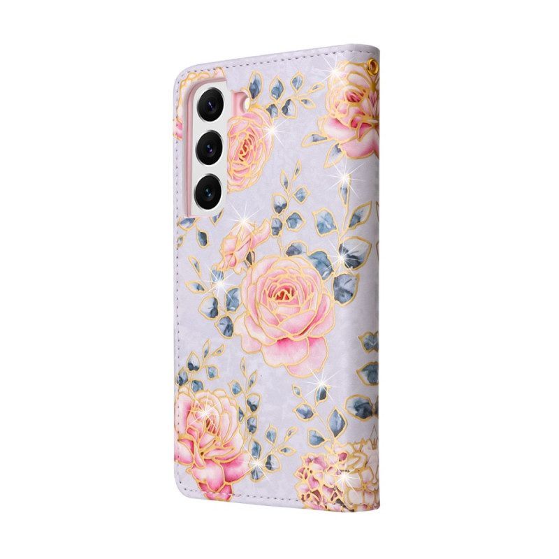 Leren Hoesje voor Samsung Galaxy S23 5G Rfid-bloemen Met Sleutelkoord