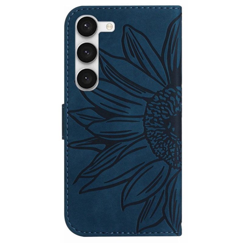 Leren Hoesje voor Samsung Galaxy S23 5G Zonnebloem Schouderriem