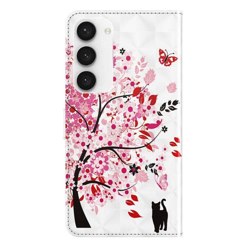 Leren Hoesje voor Samsung Galaxy S23 Plus 5G Met Ketting Boom En Strappy Cat