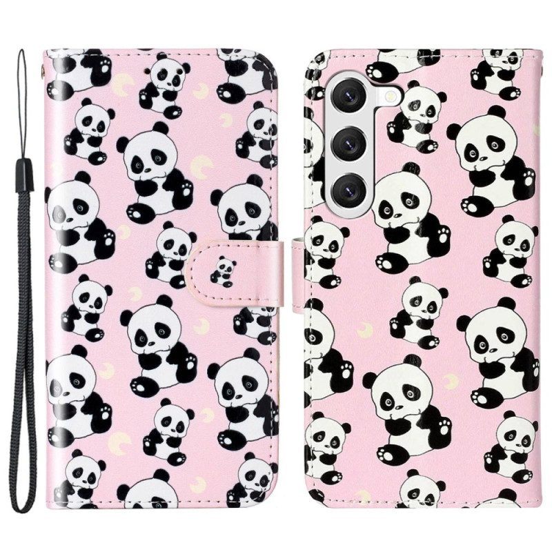 Leren Hoesje voor Samsung Galaxy S23 Plus 5G Met Ketting Panda's Met Bandjes