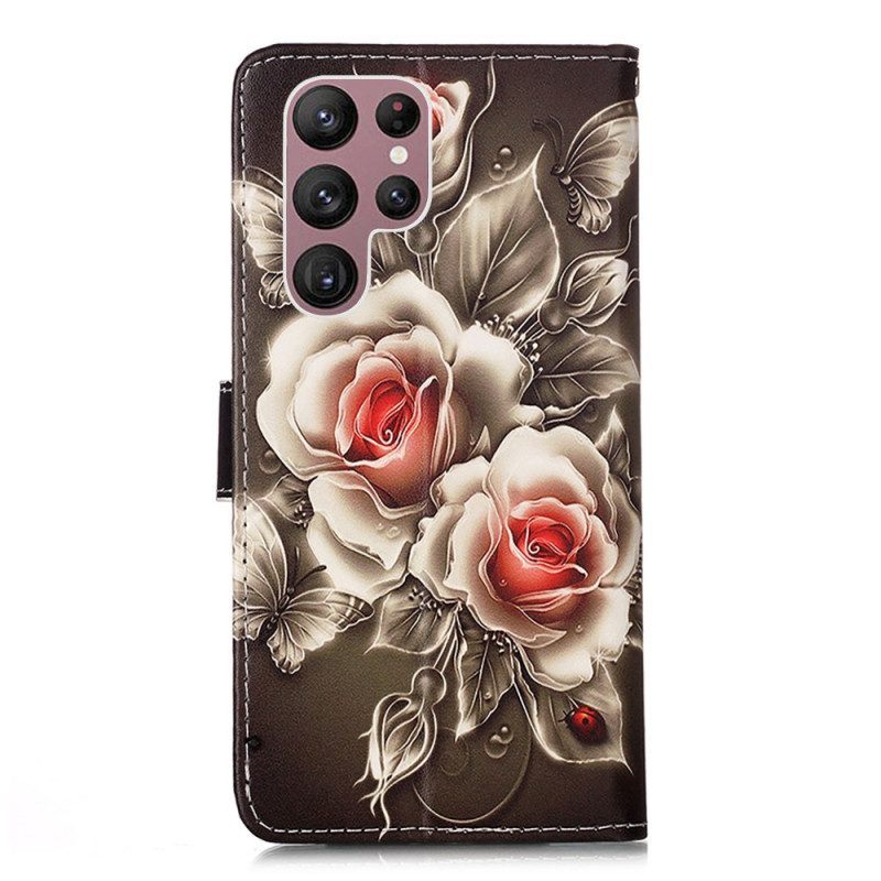 Leren Hoesje voor Samsung Galaxy S23 Ultra 5G Gouden Rozen