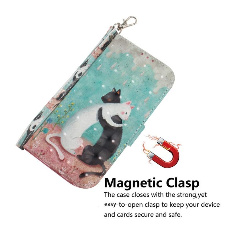 Leren Hoesje voor Samsung Galaxy S23 Ultra 5G Met Ketting Witte Kat Zwarte Kat Met Riem