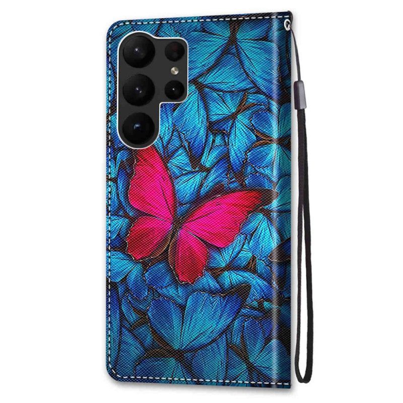 Leren Hoesje voor Samsung Galaxy S23 Ultra 5G Rode Vlinder Blauwe Achtergrond