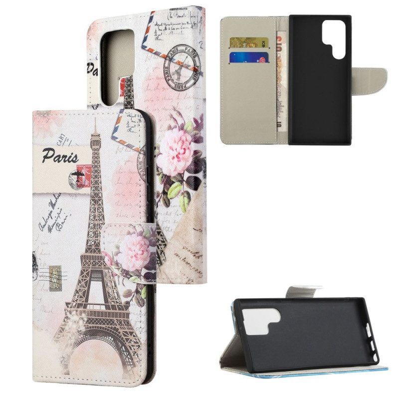 Leren Hoesje voor Samsung Galaxy S23 Ultra 5G Vintage Eiffeltoren