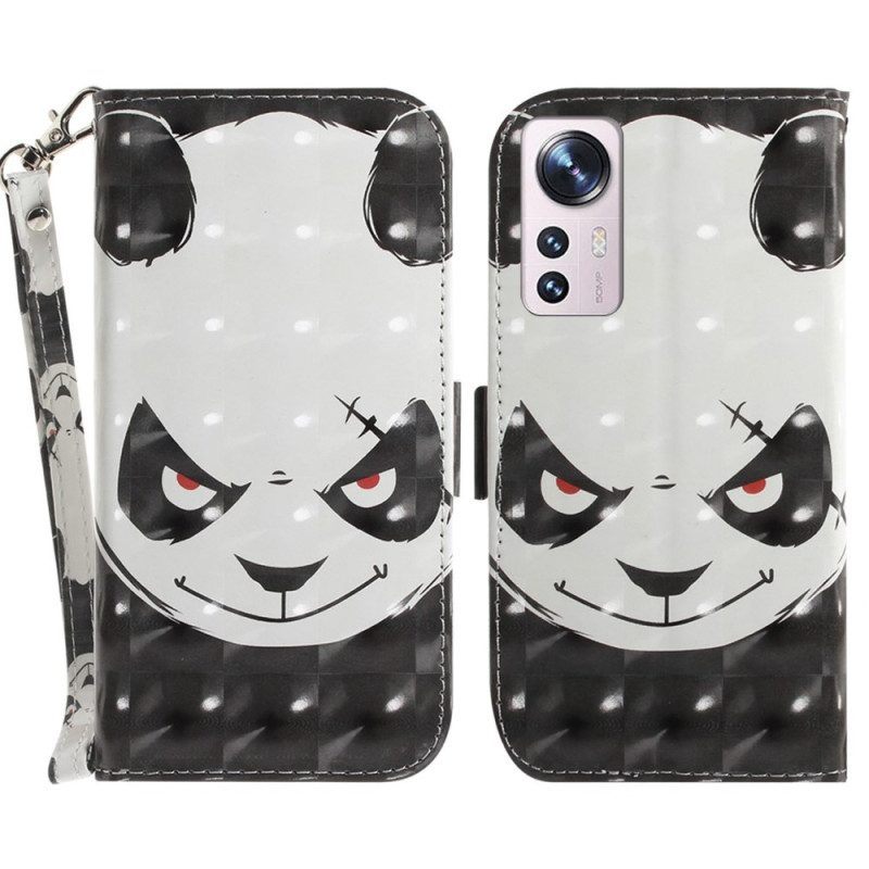 Leren Hoesje voor Xiaomi 12 / 12X Met Ketting Boze Panda Met Lanyard