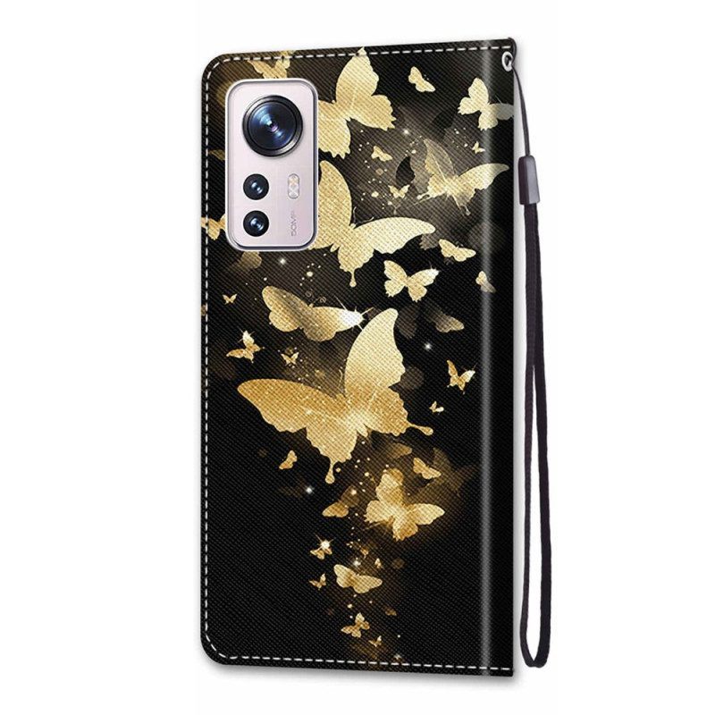 Leren Hoesje voor Xiaomi 12 / 12X Met Ketting Gouden Vlinders Met Riem