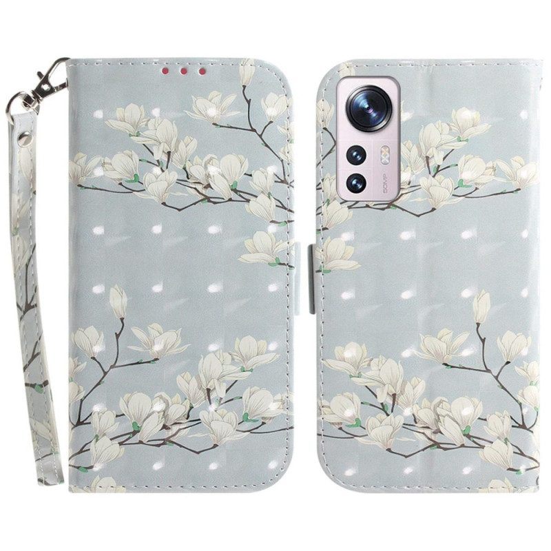 Leren Hoesje voor Xiaomi 12 / 12X Met Ketting Witte Bloemen Met Bandjes