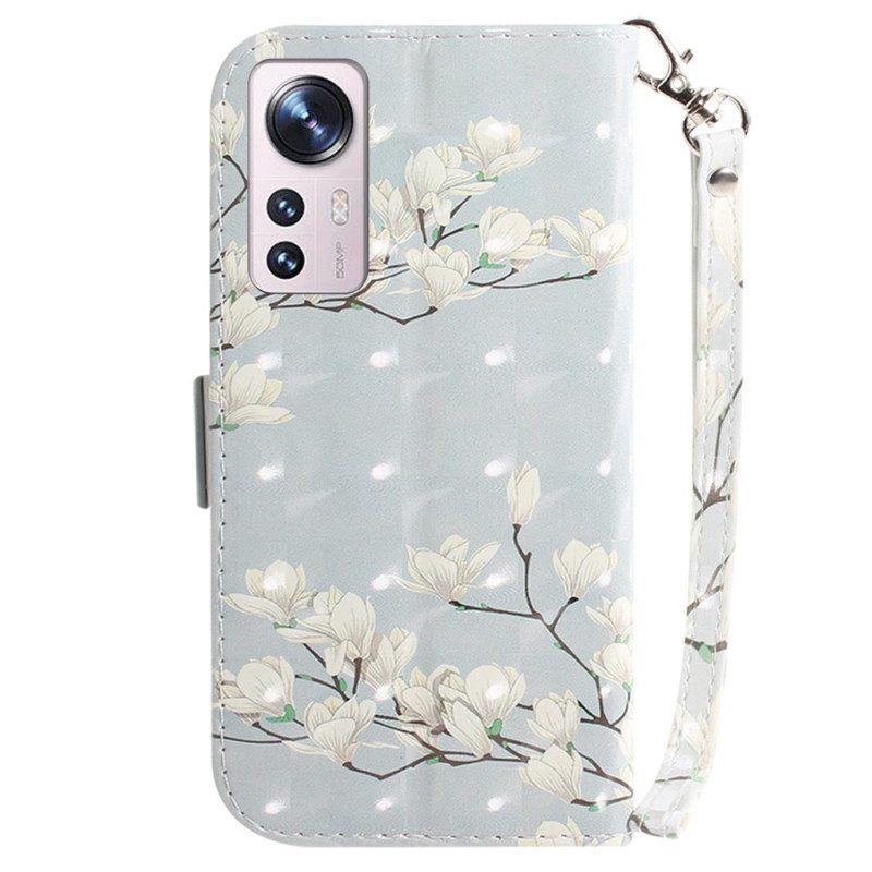 Leren Hoesje voor Xiaomi 12 / 12X Met Ketting Witte Bloemen Met Bandjes