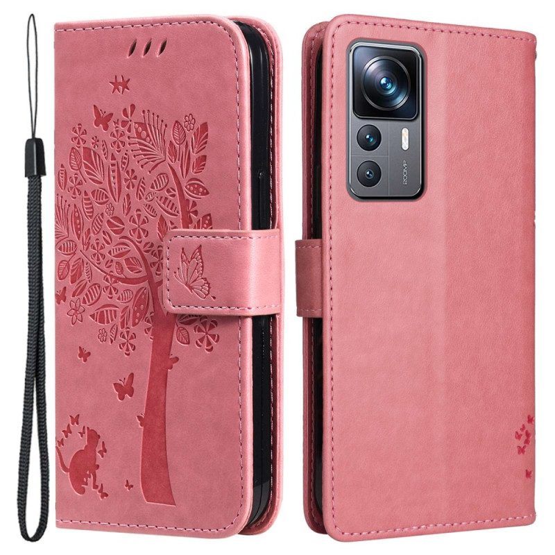 Leren Hoesje voor Xiaomi 12T / 12T Pro Met Ketting Kat Onder De String Tree