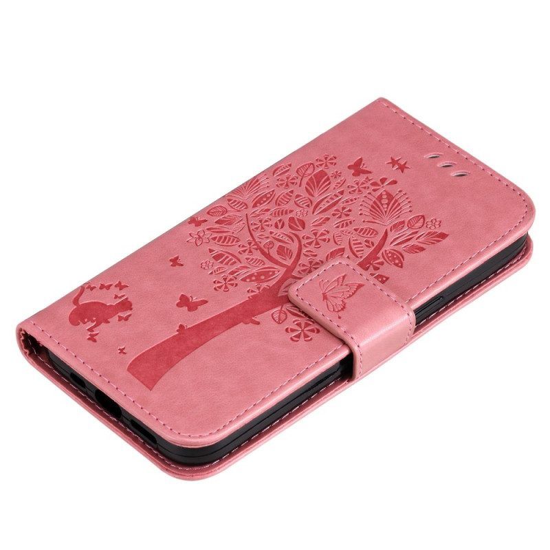 Leren Hoesje voor Xiaomi 12T / 12T Pro Met Ketting Kat Onder De String Tree