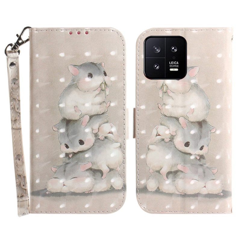 Leren Hoesje voor Xiaomi 13 Met Ketting String Eekhoorns