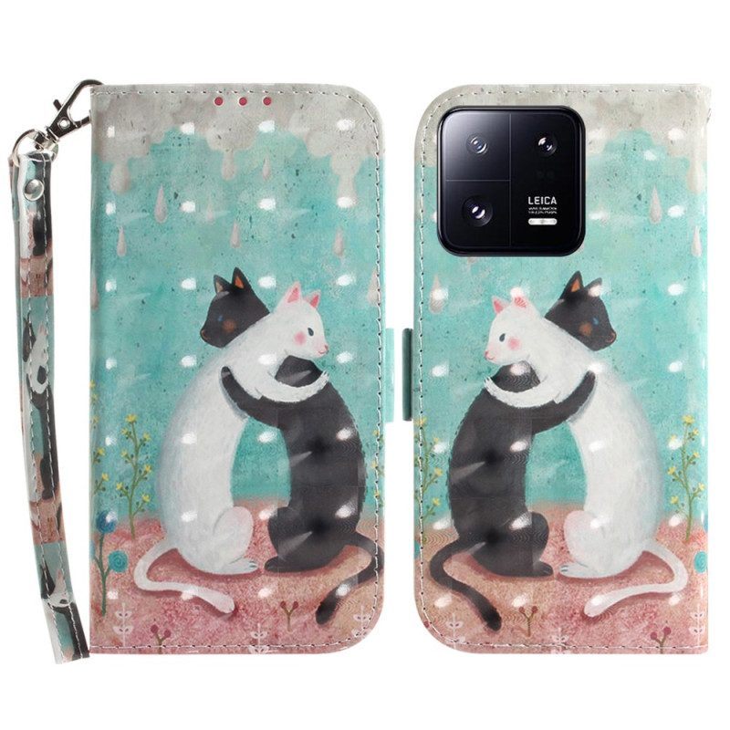 Leren Hoesje voor Xiaomi 13 Pro Met Ketting Zwarte Kat Witte Kat Met Riem