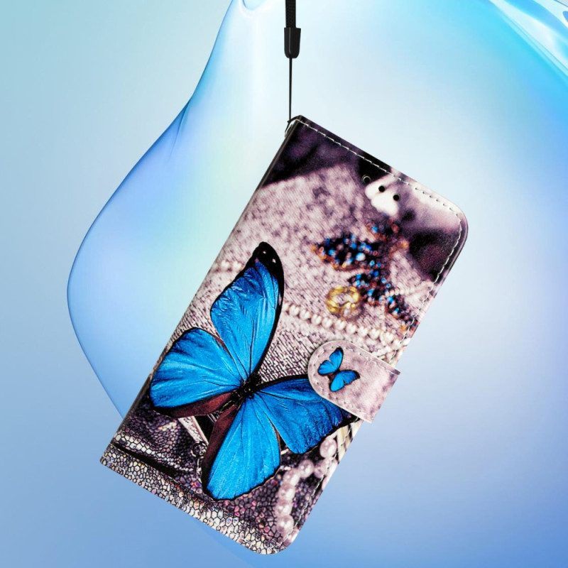 Leren Hoesje voor Xiaomi Redmi A1 Met Ketting Blauwe Vlinder Met Riem