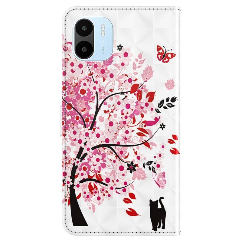 Leren Hoesje voor Xiaomi Redmi A1 Met Ketting Boom En Strappy Cat