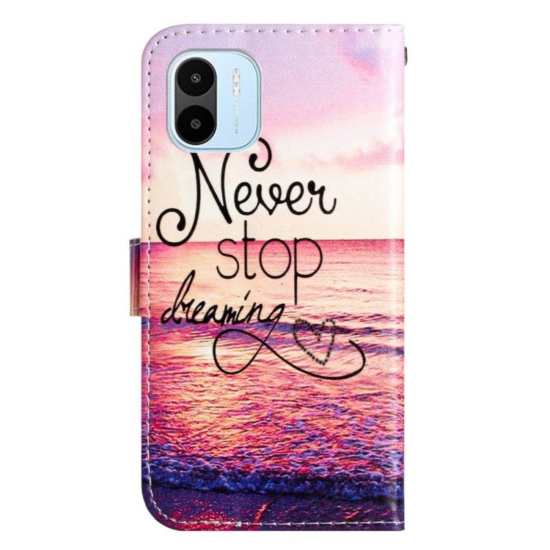 Leren Hoesje voor Xiaomi Redmi A1 Met Ketting Stop Nooit Met Dromen Strappy