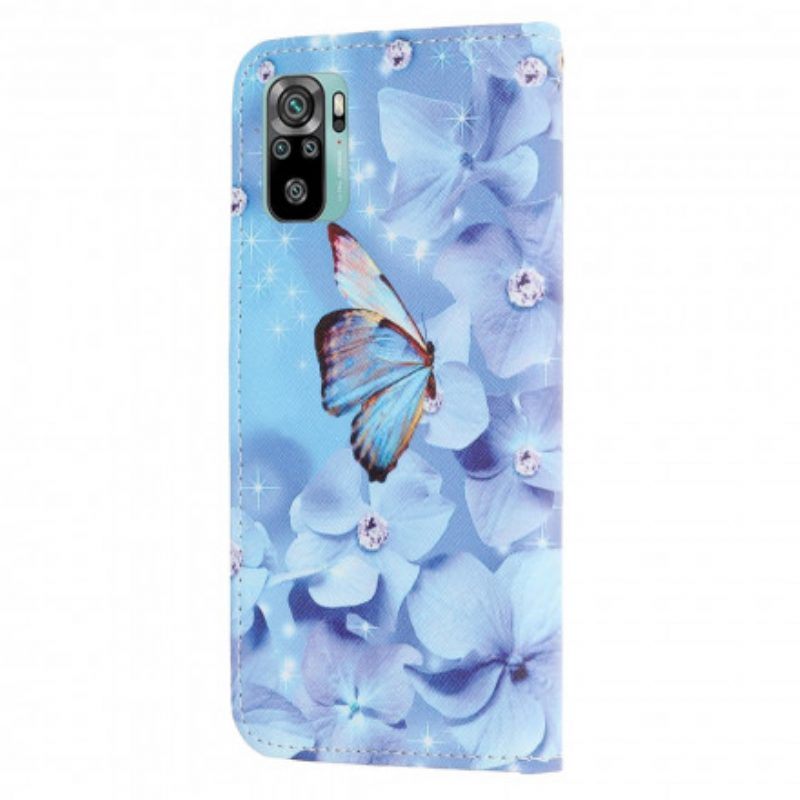 Leren Hoesje voor Xiaomi Redmi Note 10 / 10S Met Ketting Strappy Diamanten Vlinders