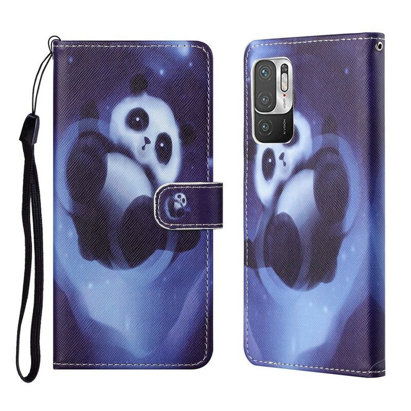 Leren Hoesje voor Xiaomi Redmi Note 10 5G Met Ketting Panda Space Met Sleutelkoord