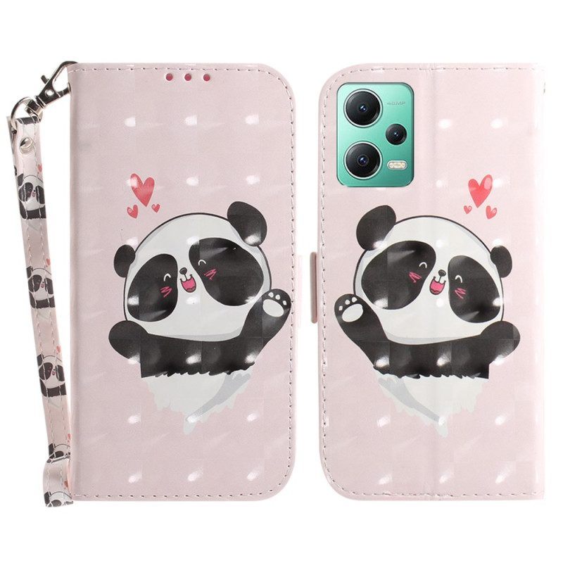 Leren Hoesje voor Xiaomi Redmi Note 12 5G Met Ketting Panda Love Met Sleutelkoord