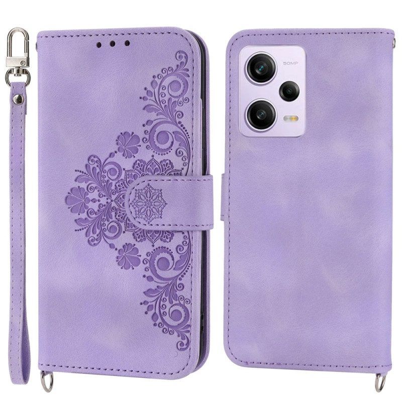 Leren Hoesje voor Xiaomi Redmi Note 12 Pro Bloemen Met Riem En Schouderriem