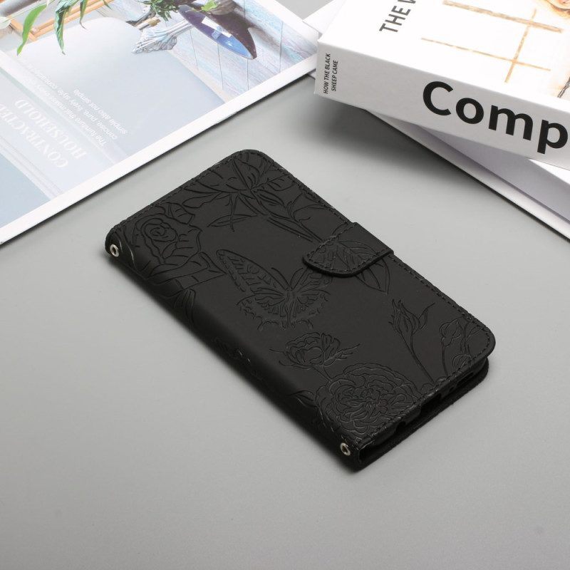 Leren Hoesje voor Xiaomi Redmi Note 12 Pro Vlinders En Lanyard
