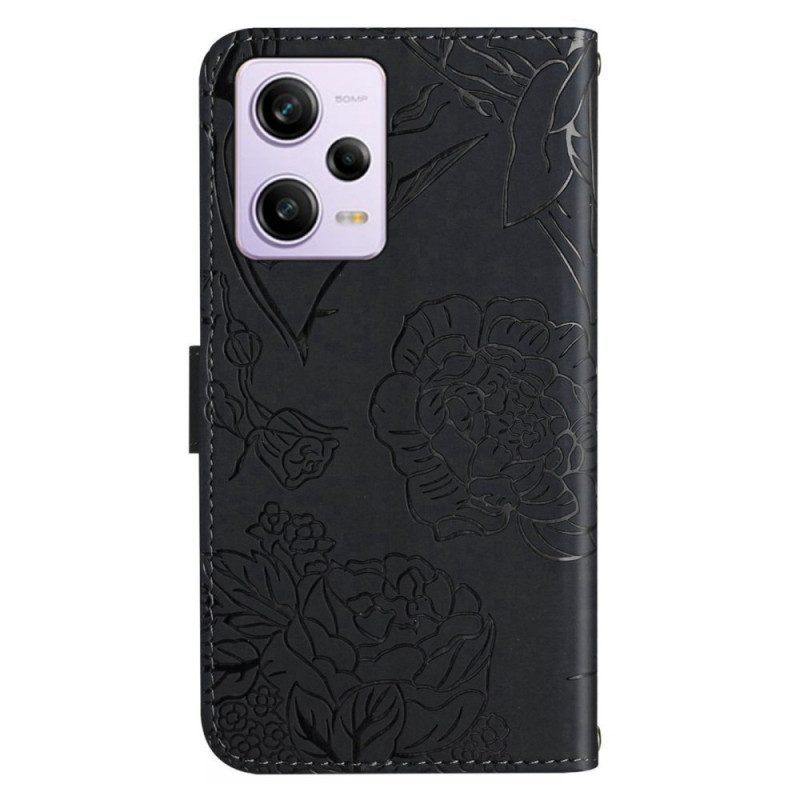 Leren Hoesje voor Xiaomi Redmi Note 12 Pro Vlinders En Lanyard