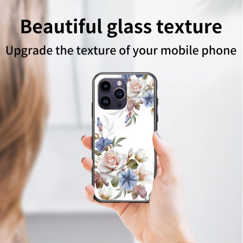 Telefoonhoesje voor iPhone 15 Pro Max Gebloemd Gehard Glas Met Steunring