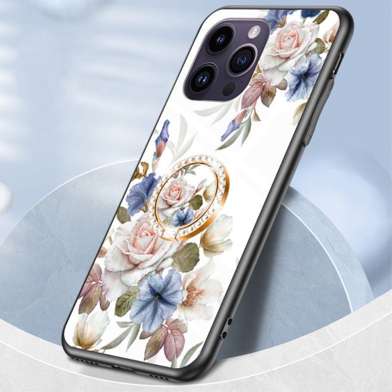 Telefoonhoesje voor iPhone 15 Pro Max Gebloemd Gehard Glas Met Steunring